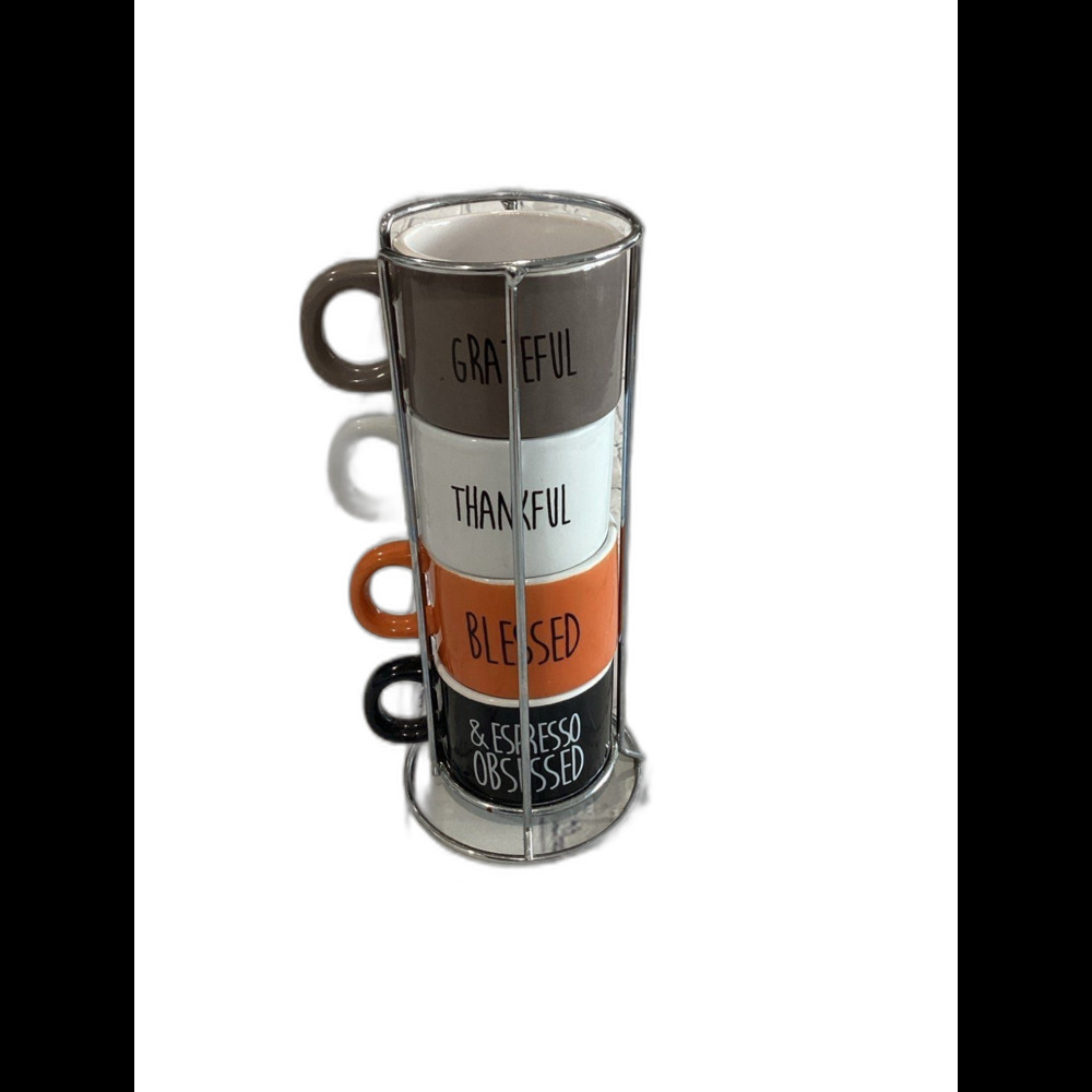 Home Essentials Set of 4 Ceramic Multicolored Espresso Cups with Metal Holder.